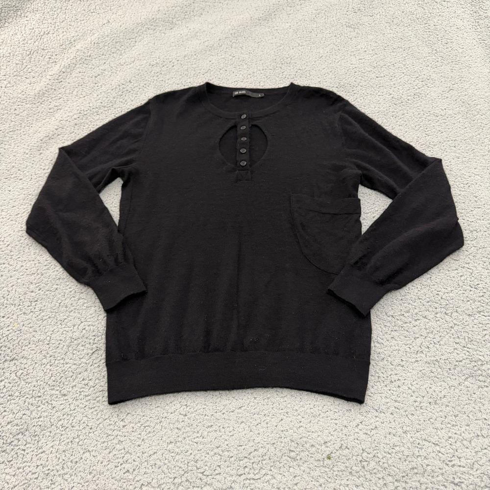 THE BREED Sweater Womens Large Black 100% Cashmere Keyhole Button Front Pocket